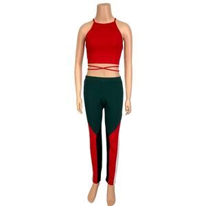 La Banga Crop Top & Ankle Pants Sz M New Red Dark Green Color Block 2-Piece Set